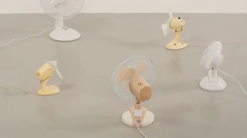 여러 대의 미니 선풍기가 놓인 모습